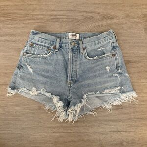 agolde medium blue high waisted rise distressed ripped denim jeans shorts bottom